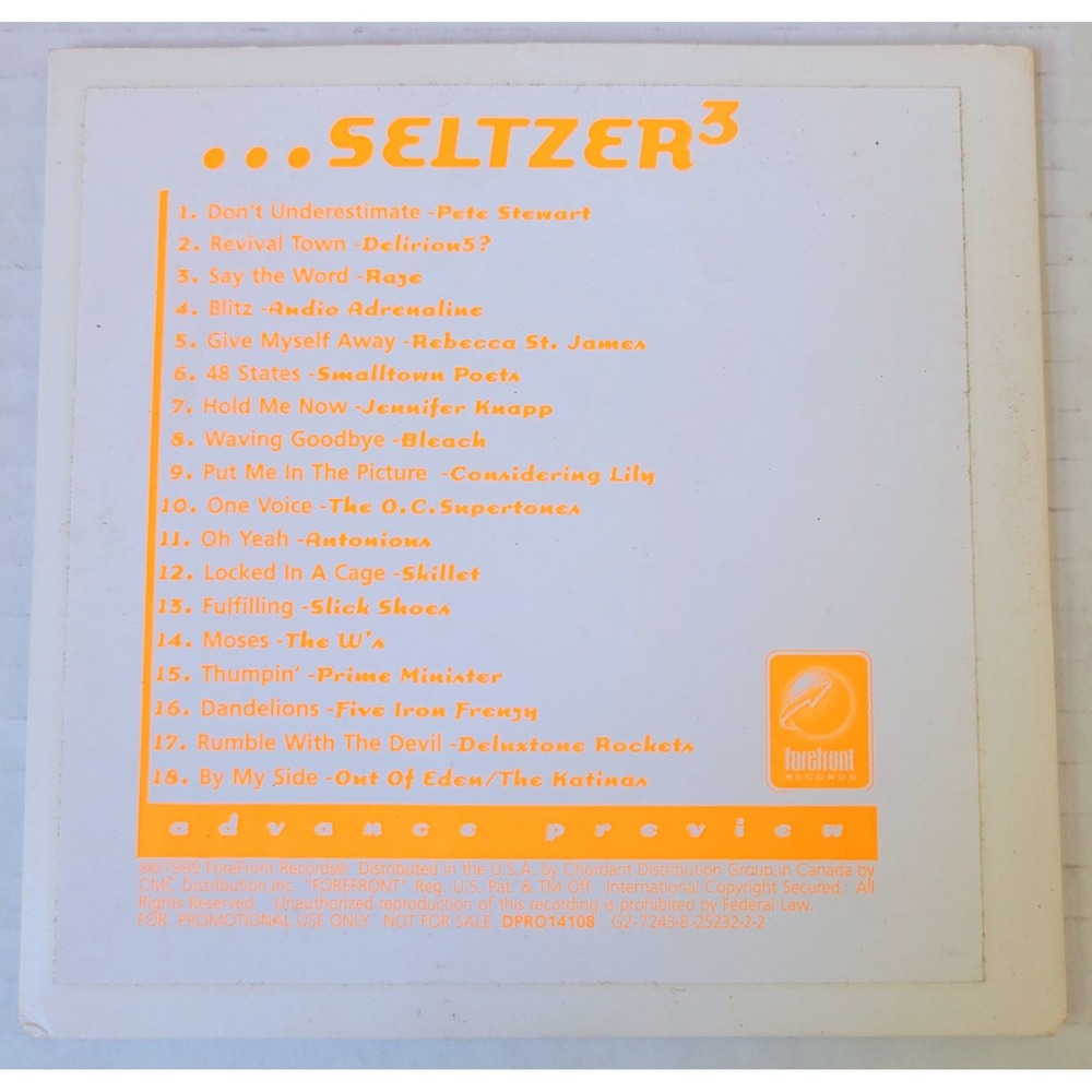 Seltzer 3 Advance Preview CD 1999 ForeFront Records Christian Alt Rock Promo
